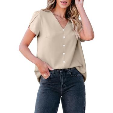 Imagem de CCTOO Blusas femininas casuais estilosas: blusa de manga curta com gola V e botões para trabalho e negócios, camisa solta, lisa, túnica de chiffon, Bege, P