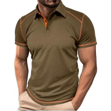 Imagem de Nuofengkudu Camisa polo masculina manga curta slim fit camiseta de golfe casual color block, Caqui, M