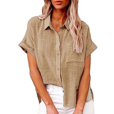 Imagem de Camiseta feminina de verão, de linho, manga curta, cor sólida, caimento solto, gola V, botão, túnica, Caqui, 3G