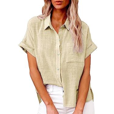 Imagem de Camiseta feminina de verão, de linho, manga curta, cor sólida, caimento solto, gola V, botão, túnica, A, G