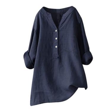 Imagem de Camiseta feminina de linho Henley Pocket Blusas Plus Size manga longa cor sólida verão túnica, Azul marino, XXG