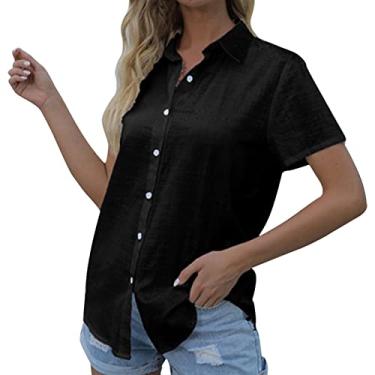 Imagem de Camiseta feminina de linho com botões de cor sólida, caimento solto, manga curta, casual, verão, sair, Preto, GG