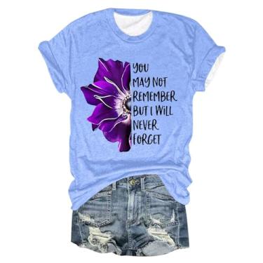 Imagem de Camiseta feminina fashion casual com estampa floral, gola redonda, manga curta, túnica de veludo cotelê, Azul-celeste, M