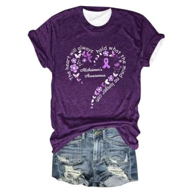 Imagem de Camiseta feminina fashion casual com estampa floral, gola redonda, manga curta, túnica feminina de manga curta, Roxa, GG