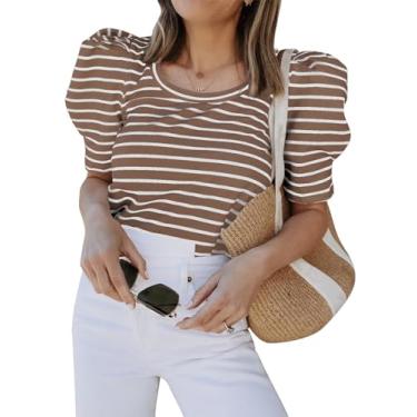 Imagem de Tankaneo Camiseta feminina casual de verão, listrada, manga curta, folgada, túnica, Café, P