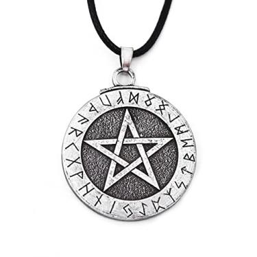 Imagem de HAQUIL Colar de pingente de pentagrama, colar de pingente de pentagrama Wiccan Runes Futhark, cordão de couro falso