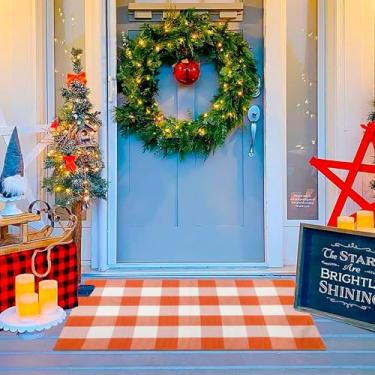 Imagem de WAYYE Buffalo Tapete xadrez para área externa, capachos laváveis para ambientes internos e externos para tapetes de porta da frente em camadas, varanda, entrada, cozinha, fazenda (xadrez laranja e