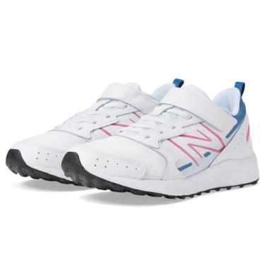Imagem de New Balance Tênis de corrida unissex infantil Fresh Foam 650 V1 com tira superior, Branco/rosa verdadeiro/azul garça, 4.5 Big Kid