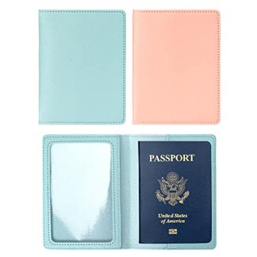 Imagem de Arouselove Pacote com 2 capas para passaporte e porta-cartão de vacina, carteira de passaporte de couro PU, capa protetora de vacina, carteira de passaporte de viagem para mulheres e homens, Azul e