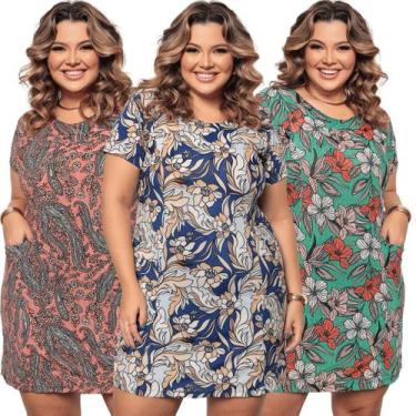 Imagem de Kit 3 Vestido Plus Size Básico com Bolso Estampado Versátil - Felicity