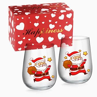 Imagem de Conjunto de 2 taças de vinho de Natal, taça de vinho sem haste de Papai Noel, copo de vinho sem haste de Natal criativos presentes de Natal com caixa de cores, decoração de cozinha de férias, copo de