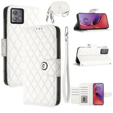 Imagem de Dswteny Capa carteira para Motorola Edge 40 Neo com alça de ombro transversal, padrão Argyle PU couro flip suporte de crédito capa para celular para Moto Edge40 40Neo 5G meninas mulheres branca