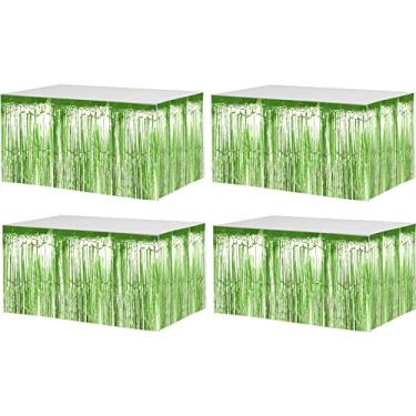 Imagem de Pacote com 4 saias de mesa Tinsel com franja metálica de 73 x 273 cm para mesas retangulares, cortinas streamer, pano de fundo para casamento, aniversário, boias de desfile, decorações de Natal (verde claro)