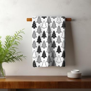 Imagem de Pano de Prato Cozinha Copa Atoalhado Natal Árvores Natalinas Preto e Branco