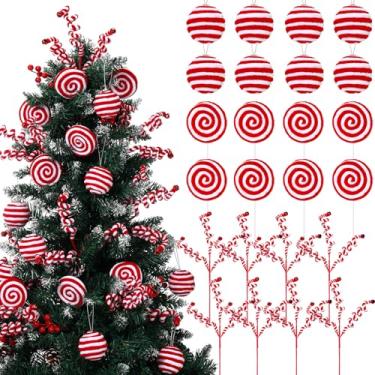 Imagem de Syhood 24 peças de enfeites de Natal vermelhos e brancos, bolas de Natal fofas, bengala doce de lã, cacheados, palitos de árvore de Natal, galhos para pendurar no Natal, guirlanda, guirlanda, vaso de