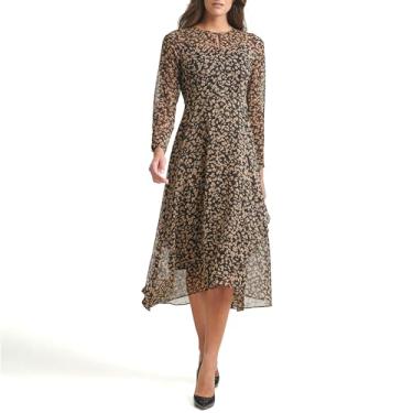 Imagem de Tommy Hilfiger Vestido feminino de chiffon estampado de manga comprida, Preto/Tanino, 46