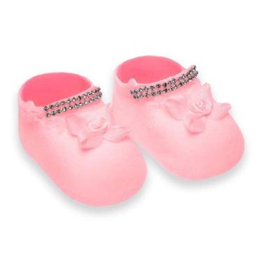 Imagem de Meia Sapatinho Bebê Recém Nascido Strass Selene, Rosa, 0 a 5 Meses