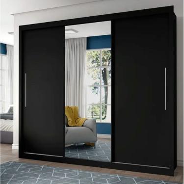 Imagem de Guarda Roupa Casal com Espelho Grande 3 Portas de Correr 4 Gavetas Royale Preto Acetinado / Naturalle MDF