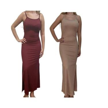 Imagem de KIT C/2 Vestidos Longo Canelado com Fenda - Emporio J, Vinho, Areia, U