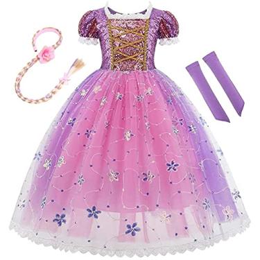 Imagem de MYRISAM Vestido Princesa Sofia com lantejoulas e peruca de cabelo Rapunzel fantasia de Dia das Bruxas vestido de festa chique vestido de aniversário 11-12T