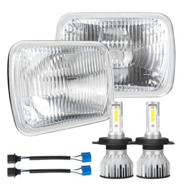 Imagem de IHNZCB Carcaça de farol quadrada de vidro H6054 de 17 x 15 cm + lâmpadas de farol alto e baixo H4/9003 para carros, caminhões e van, feixe duplo selado de halogêneo, feixe duplo alto e baixo, estilo