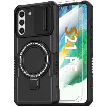 Imagem de Capa magnética para Samsung Galaxy S21 FE, com suporte de anel [2 protetores de tela] [compatível com MagSafe] Capa de grau militar com capa para câmera, capa à prova de choque para Samsung S21FE 5G