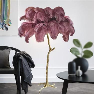 Imagem de Lâmpada de leitura de chão moderna com penas de avestruz, lâmpada alta regulável de 3 cores, luz dourada com interruptor de pé, lâmpada romântica para quarto de princesa