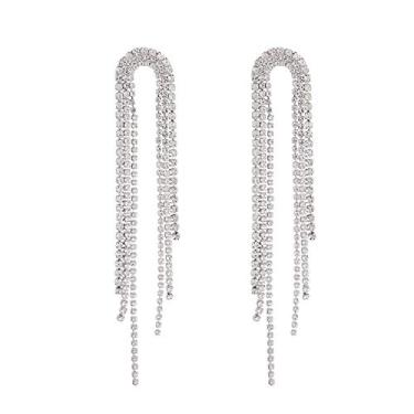 Imagem de GBAHFY Brincos femininos geométricos longos com franja de cristal para mulheres, brincos de strass, presentes Prata