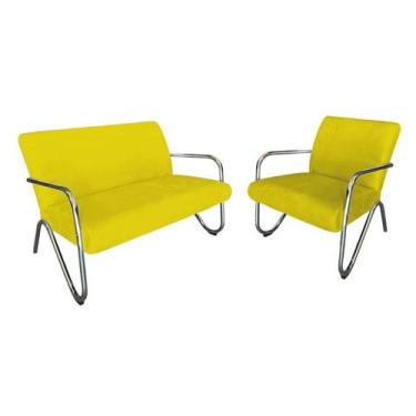 Imagem de Kit Namoradeira + Poltrona Decorativa Bela Couro Amarelo Braço Cromado