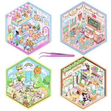 Imagem de 4 conjuntos de adesivos de casa 3D de animais cena com pinças, faça sua própria casa, coelho capivara, faça você mesmo, adesivos de cena em miniatura 3D