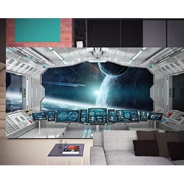 Imagem de FLFK Papel de parede autoadesivo de nave espacial 3D 199.9 cm x 149.9 cm-Universe Outer Space Autoadesivo Grande Poster - Science Explore Station Painting Sticker para decoração de quarto de crianças