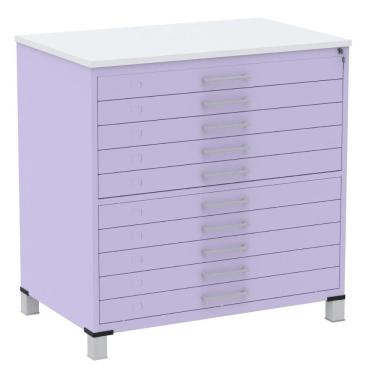 Imagem de Mapoteca 10 Gavetas Pandin 120 Cm (larg) Inmetro Tampo Mdp Branco Estrutura E Gavetas Em Aço Lilás