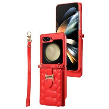 Imagem de HJZSZX Para Samsung Z Flip 6 Crossbody Lanyard Couro Phone Case Wrist Corda Wallet Card Cover (Para Samsung Z Flip 6/Vermelho)