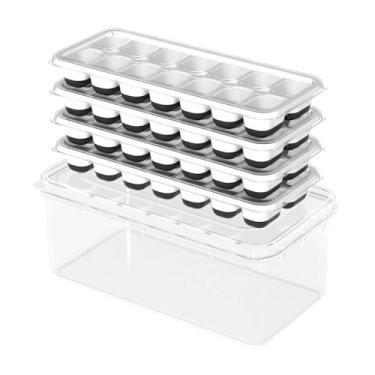 Imagem de DclobTop Bandejas de gelo com tampa e lixeira, bandejas de gelo para freezer – Molde de silicone fácil de liberar, moldes de plástico reutilizáveis empilháveis para coquetéis, uísque, bebidas e café