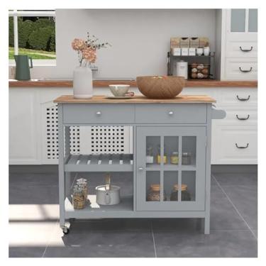 Imagem de Carrinho de Armazenamento Ilha de cozinha rolante, carrinho de cozinha portátil, carrinho de cozinha com tampo de madeira com gavetas e armário de porta de vidro Carrinho de Armazenamento