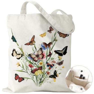Imagem de COARVXA Sacola de lona estética com bolsos com zíper e botões para mulheres, sacolas de compras reutilizáveis, presentes - trabalho, academia, A08 borboletas flores