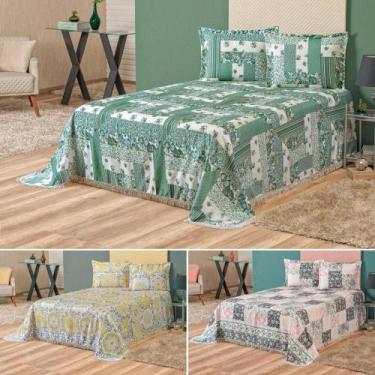Imagem de Kit Colcha Cobre Leito Casal Queen franjas floral verde agua - RG Shop