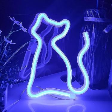 Imagem de SHANJIA Luz noturna neon, placas LED para gatos, decoração neon para gatos, alimentado por USB/bateria, para quarto infantil, quarto, bar, restaurante, sala de jogos (azul)