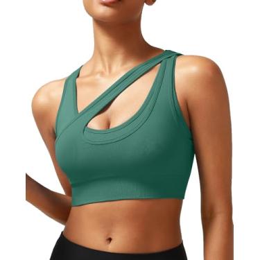 Imagem de RUNNING GIRL Sutiãs esportivos femininos de alto suporte, sem costura, canelados, longline, gola alta, sutiã esportivo, costas nadadoras, acolchoado, crop top, ioga, B - Verde escuro, P