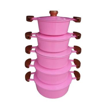 Imagem de Jogo 5 Panelas Alumínio Batido Fundido Rosa Com Tampa Pesada