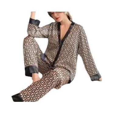 Imagem de Conjunto De Pijamas De Seda Gelada De Manga Comprida Feminino Solto La