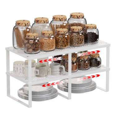 Imagem de EAROND 2 prateleiras empilháveis para armários de cozinha, prateleira de balcão 32 cm C x 28 cm P x 16 cm A, prateleira de armazenamento de pratos de despensa