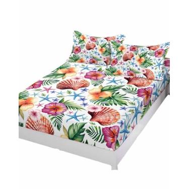 Imagem de ZFUNCING Jogo de lençol Queen com estampa de folha de palmeira em aquarela com altura de 12,7 a 40,6 cm, lençol de baixo luxuoso com fronha, criatura marinha, estrela-do-mar, lençol com elástico para