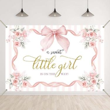 Imagem de Bellicremas Pano de fundo floral rosa para chá de bebê, laço, flores, uma doce menina está a caminho, fundo fotográfico, princesa, laço, menina, revelação, festa, é um banner com ilhós de cobre