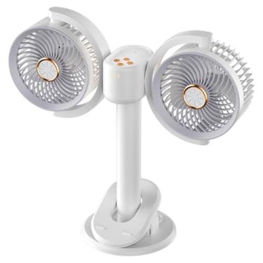 Imagem de MERSLOVE Ventilador de grampo de cabeça dupla com luz noturna de LED, motor silencioso sem escovas de 4 velocidades, temporizador, controle duplo, ventilador de mesa para escritório em casa