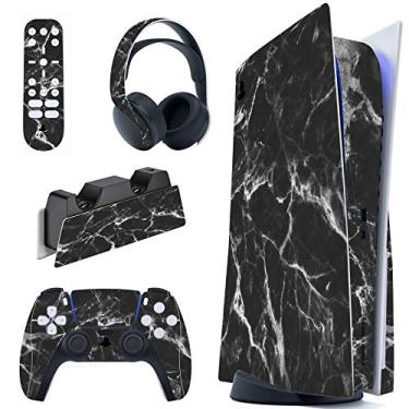 Imagem de PlayVital Efeito de mármore preto branco conjunto completo skin decalque para console ps5 edição de disco, adesivo decalque de vinil para controle ps5 e estação de carregamento, fone de ouvido e