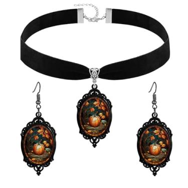 Imagem de QLUYCKW Conjunto de brincos com pingente de abóbora de vidro gótico para mulheres e homens, estilo punk, vintage, estilo escuro, morcego de abóbora, preto, veludo, gargantilha de veludo, joia
