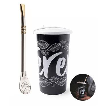 Imagem de Kit Copo Plástico Tererê Tampa 450ml + Bomba Chimarrão 23cm Aço Niquel