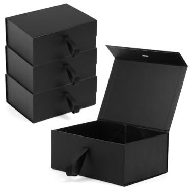 Imagem de MAQUITA Pacote com 4 caixas de presente de 23 x 16 x 10 cm com tampas de fecho magnético, caixa magnética preta para casamento, proposta de dama de honra de padrinhos, aniversários, dia das mães