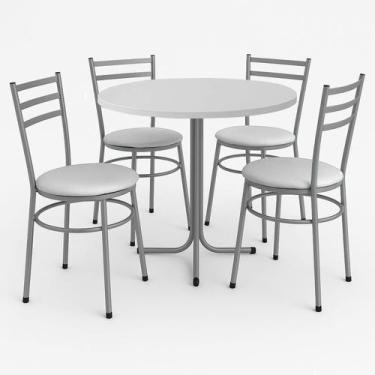 Imagem de Mesa de Jantar Redonda 80cm Branca Com 4 Cadeiras Estofada Cinza - Lam
